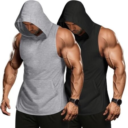 Men's 2 Pack Workout Hooded Tank Tops Bodybuilding Muscle Cut Off T Shirt Sleeveless Gym Hoodies